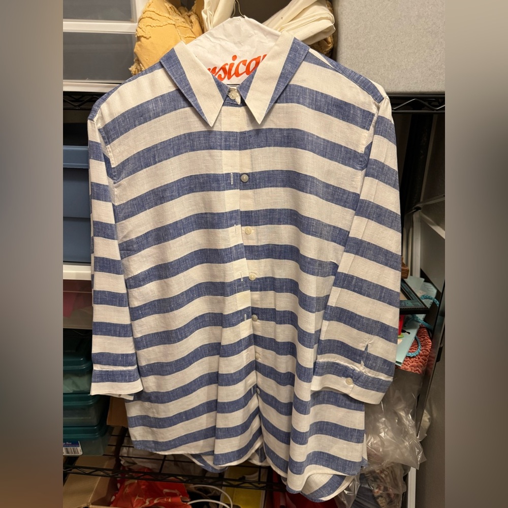 Chico's Blue and White Striped Button-Up Blouse